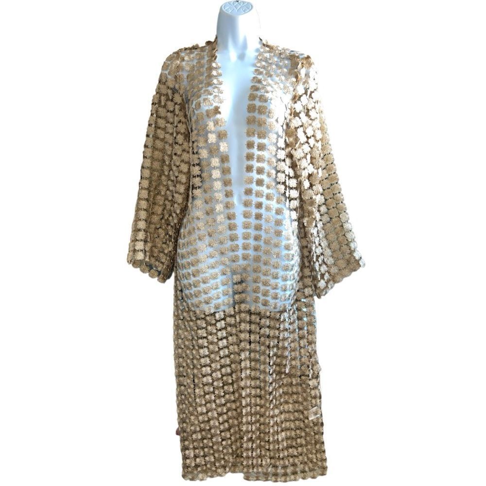 QUII Long Cardigan Lurex Floral Net Duster Cover Up Gold Color Size S